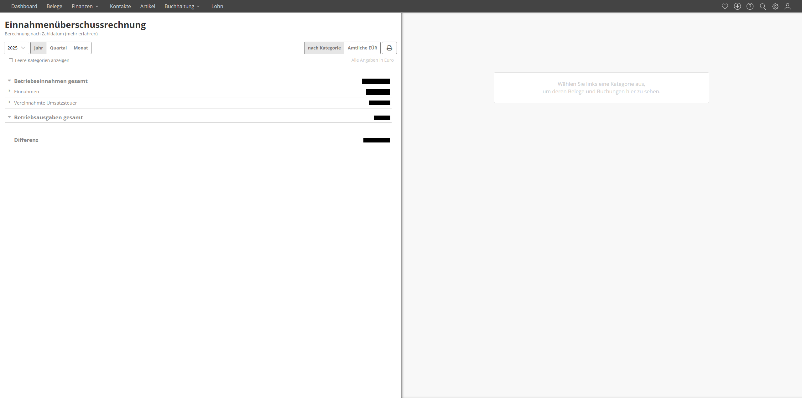 Ansicht Einnahmenüberschussrechnung Lexware Office